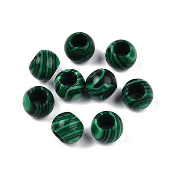 BD738 - 10 pcs Green Synthetic Malachite Rondelle Ball Spacer Beads - 10mm - Large Hole: 5mm - Fits European Cords and Paracord!