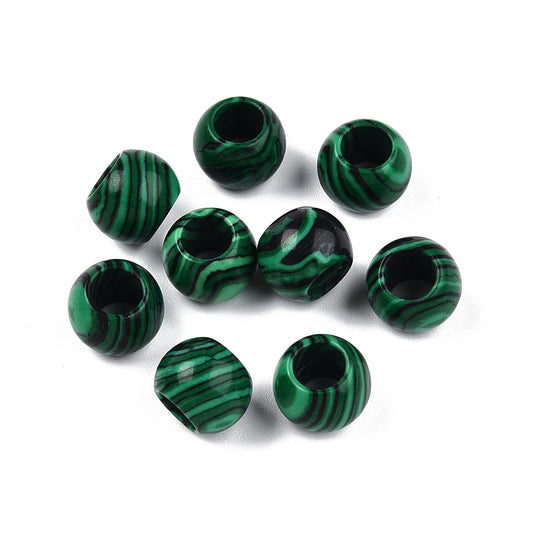 BD738 - 10 pcs Green Synthetic Malachite Rondelle Ball Spacer Beads - 10mm - Large Hole: 5mm - Fits European Cords and Paracord!