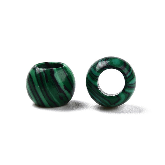 BD738 - 10 pcs Green Synthetic Malachite Rondelle Ball Spacer Beads - 10mm - Large Hole: 5mm - Fits European Cords and Paracord!