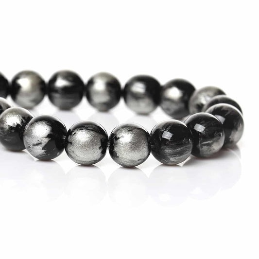 BD813 - 80 pcs Black and Silver Pearl Swirl Glass Round Loose Beads - 10mm - Hole Size: 1mm - 30.5" Strand