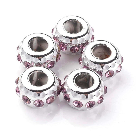 BD854 - 10 pcs Antique Silver and Purple Rhinestone Rondelle Spacer Beads - 14mm - Large Hole: 5mm - Fits European Cords and Paracord