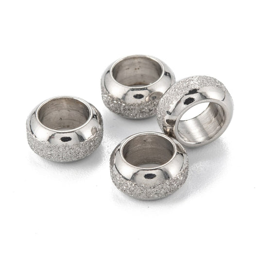 BD856 - 20 pcs 201 Stainless Steel Frosted Spacer Beads- 8mm x 4mm - Hole: 5mm - Silver - Tarnish Resistant! Fits Paracord and European Cords!