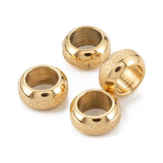 BD857 - 10 pcs 201 Stainless Steel Frosted Spacer Beads- 8mm x 4mm - Hole: 5mm - Ion Plated Gold - Tarnish Resistant! Fits Paracord and European Cords!