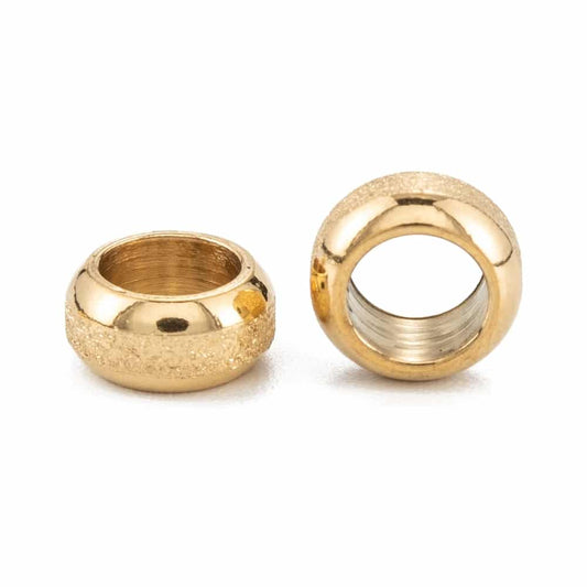 BD857 - 10 pcs 201 Stainless Steel Frosted Spacer Beads- 8mm x 4mm - Hole: 5mm - Ion Plated Gold - Tarnish Resistant! Fits Paracord and European Cords!