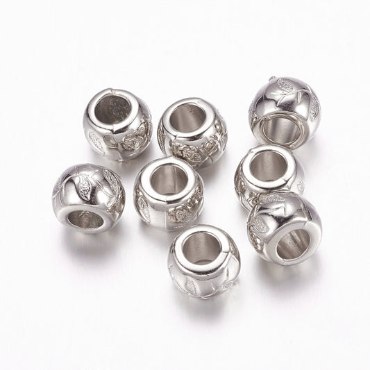 BD861 - 50 pcs Silver Tone Plastic Flower Ball Spacer Beads - 10mm - Large Hole: 4.5mm - Fits European Cords and Paracord!