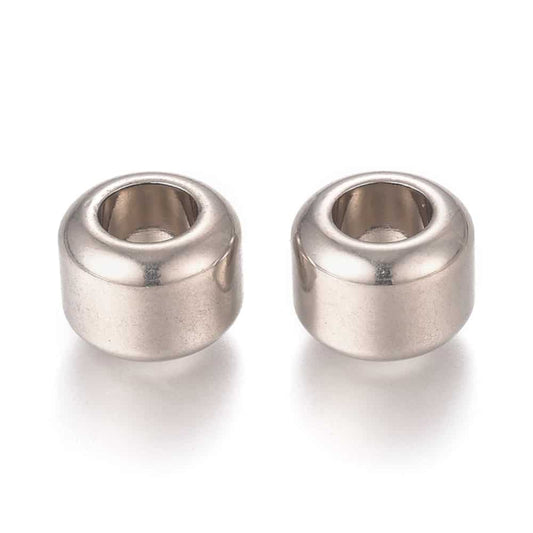 BD862 - 10 pcs 201 Stainless Steel Silver Metal Smooth Drum Column Spacer Beads - 10mm - Large Hole: 5.5mm - Fits European Cords and Paracord!