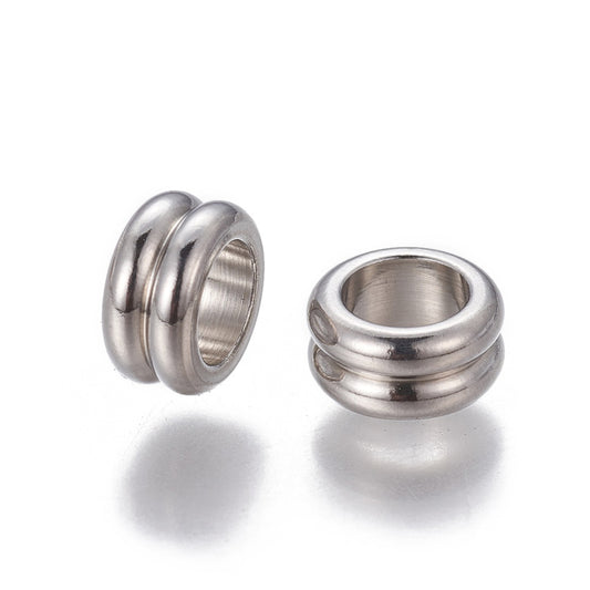 BD873 - 50 pcs 201 Stainless Steel Groove Spacer Beads – 8mm – Large Hole: 5mm - Fits European Cords and Paracord!