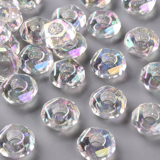BD874 - 10 pcs Acrylic Clear AB Multicolor Rondelle Faceted Spacer Beads – 13mm – Large Hole: 5mm - Fits European Cords and Paracord!