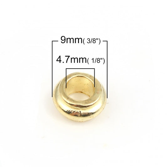 BD877 - 50 pcs Gold Plated Smooth Drum METAL Spacer Beads - 9mm x 5mm - Large Hole: 4.7mm - Fits Paracord and European Cords!