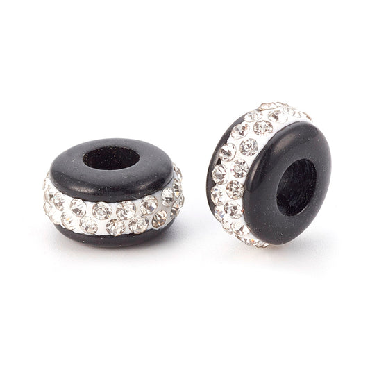 BD880 - 10 pcs Black and White Crystal Acrylic and Polymer Clay Rondelle Spacer Beads - 14mm - Large Hole: 5.5mm - Fits European Cords and Paracord