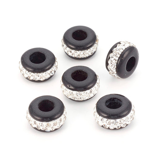 BD880 - 10 pcs Black and White Crystal Acrylic and Polymer Clay Rondelle Spacer Beads - 14mm - Large Hole: 5.5mm - Fits European Cords and Paracord