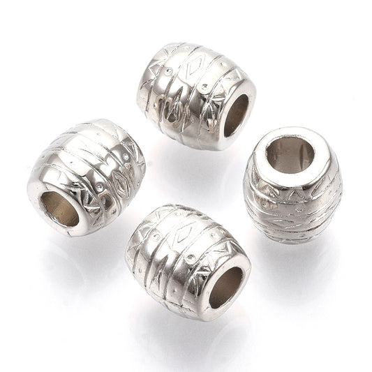 BD885- 50 pcs Silver Tone Plastic Carved Barrel Spacer Beads - 10mm - Large Hole: 4.5mm - Fits European Cords and Paracord!