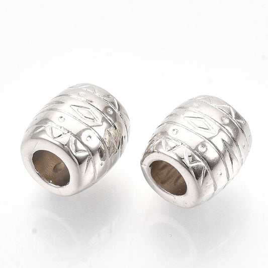 BD885- 50 pcs Silver Tone Plastic Carved Barrel Spacer Beads - 10mm - Large Hole: 4.5mm - Fits European Cords and Paracord!