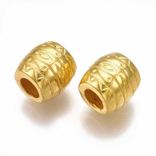 BD886- 50 pcs Gold Tone Plastic Carved Barrel Spacer Beads - 10mm - Large Hole: 4.5mm - Fits European Cords and Paracord!