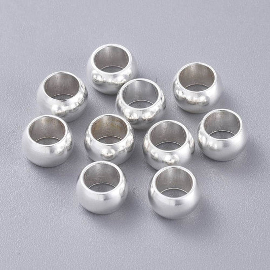 BD890 - 10 pcs 201 Stainless Steel Silver Ball Spacer Beads- 8mm x 5mm - Hole: 5mm - Silver Plated - Tarnish Resistant!