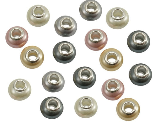BD895 - 10 pcs Assortment of Shell Pearl Rondelle Spacer Beads with Silver Plated Core - 14mm - Large Hole: 5mm - Fits European Cords and Paracord