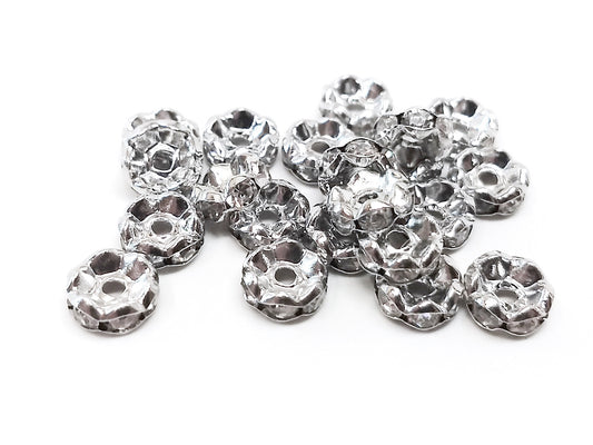 BD901 - 50 pcs Silver Tone Rhinestone Enamel Rondelle Spacer Beads - 8mm x 3.5mm - Grade A - Hole Size: 1.5mm - Curved Edge