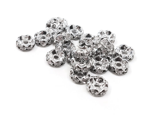 BD901 - 50 pcs Silver Tone Rhinestone Enamel Rondelle Spacer Beads - 8mm x 3.5mm - Grade A - Hole Size: 1.5mm - Curved Edge