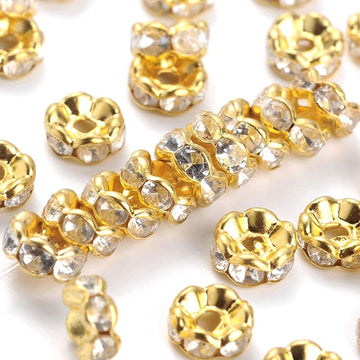 BD915 - 10 pcs Golden Clear Rhinestone Rondelle Spacer Beads - 8mm x 3.8mm - Grade B - Hole Size: 1.5mm - Curved Edge