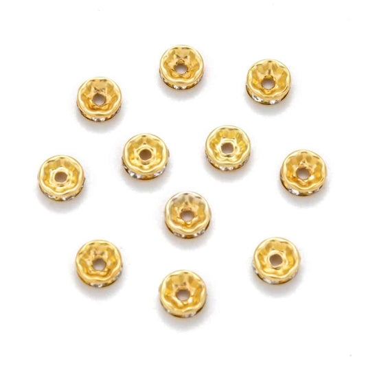 BD916 - 10 pcs Golden Clear Rhinestone Rondelle Spacer Beads - 8mm x 3.5mm - Grade A - Hole Size: 2mm - Straight Edge