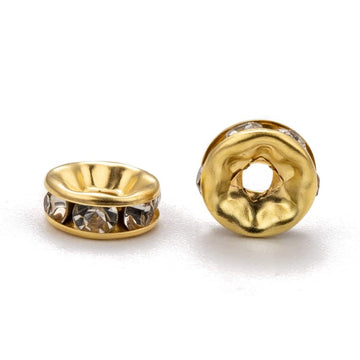 BD916A - 50 pcs Golden Clear Rhinestone Rondelle Spacer Beads - 8mm x 3.5mm - Grade A - Hole Size: 2mm - Straight Edge