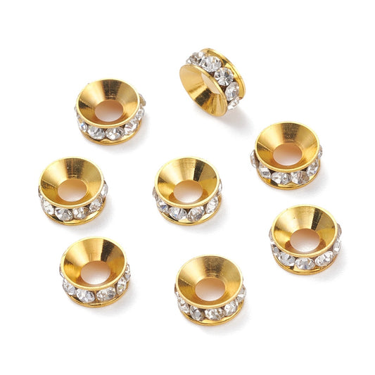BD918 - 10 pcs Golden Clear Rhinestone Rondelle Spacer Beads - 8mm x 3mm - Hole Size: 4mm - Straight Edge