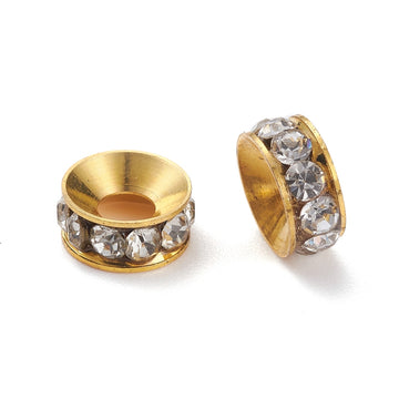 BD918 - 10 pcs Golden Clear Rhinestone Rondelle Spacer Beads - 8mm x 3mm - Hole Size: 4mm - Straight Edge