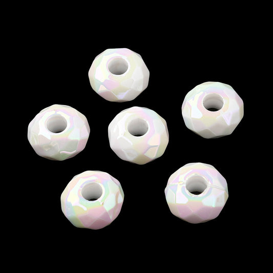 BD930 - 10 pcs  White AB Multicolor Rondelle Faceted Spacer Beads – 14mm – Large Hole: 4.7mm - Fits European Cords and Paracord!