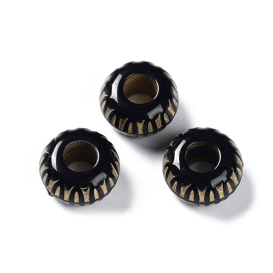 BD934 - 50 pcs Acrylic Black and Gold Textured MATTE Rondelle Spacer Beads - 19mm - Large Hole: 7.5mm - Fits European Cords and Paracord!