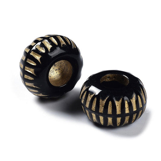 BD934 - 50 pcs Acrylic Black and Gold Textured MATTE Rondelle Spacer Beads - 19mm - Large Hole: 7.5mm - Fits European Cords and Paracord!