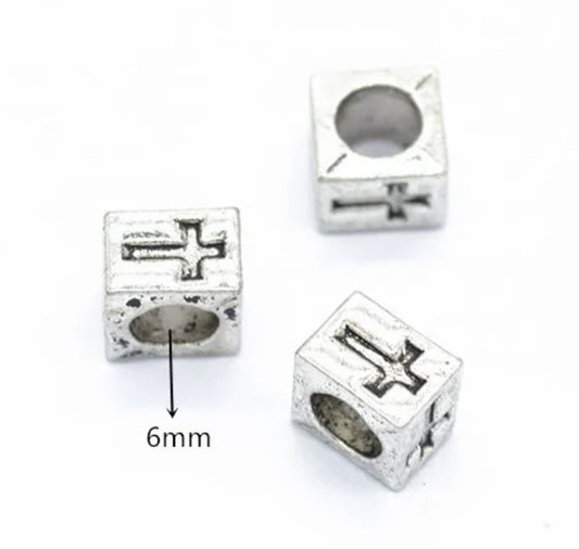 BD935 - 10 pcs Antique Silver Cross Cube Spacer Charm Beads - 9mm - Hole Size: 6mm - Fits European Cords and Paracord!