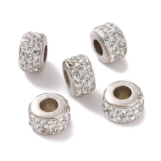 BD940 - 10 pcs Rhinestone Rondelle Spacer Beads - Silver Tone - 10mm x 7mm - Hole Size: 4.8mm - Fits European and Paracord Beads!