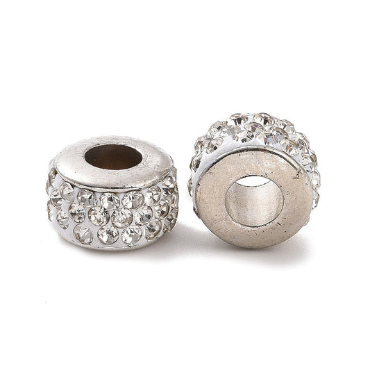 BD940 - 10 pcs Rhinestone Rondelle Spacer Beads - Silver Tone - 10mm x 7mm - Hole Size: 4.8mm - Fits European and Paracord Beads!