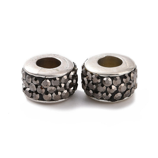 BD941 - 10 pcs Rhinestone Rondelle Spacer Beads - Silver Tone and Black - 10mm x 7mm - Hole Size: 4.8mm - Fits European and Paracord Beads!