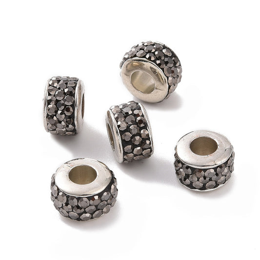 BD941 - 10 pcs Rhinestone Rondelle Spacer Beads - Silver Tone and Black - 10mm x 7mm - Hole Size: 4.8mm - Fits European and Paracord Beads!