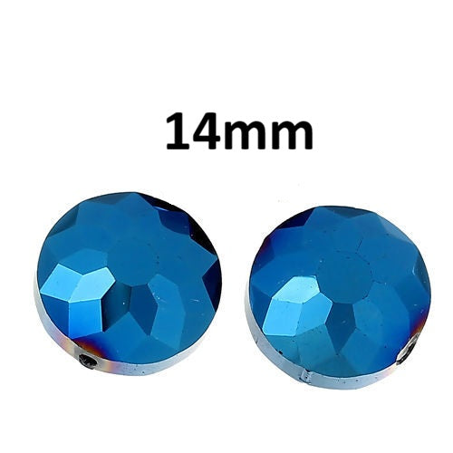 BD950 - 20 pcs Glass Rondelle Faceted Round Flat Beads - 14mm - Dark Blue - Iridescent Multicolor - Hole Size: 1.4mm