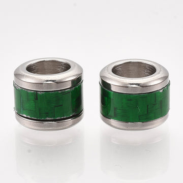 BD999 - 5 pcs 304 Stainless Steel Green Weave Pattern Metal Drum Column Spacer Beads - 10mm - Large Hole: 6mm - Fits European Cords and Paracord!