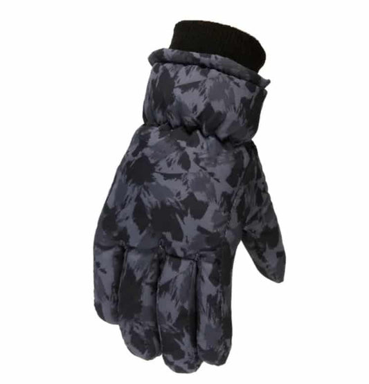 BGG47 - 1 pair - Black Gray Camo Snow Winter Gloves - Ages 3-7(XS) - Waterproof - Non-Slip