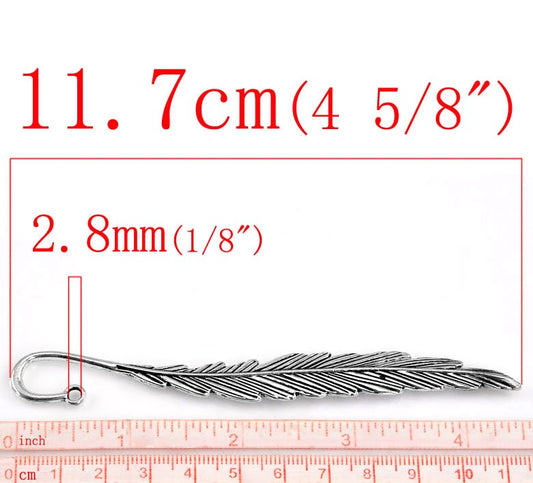 5 pcs. Antique Silver Feather Bookmark Hooks - Leaf - 117mm (4.6 in)