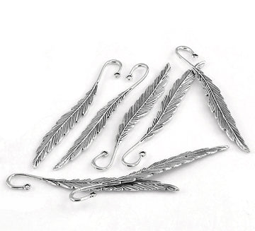 5 pcs. Antique Silver Feather Bookmark Hooks - Leaf - 117mm (4.6 in)