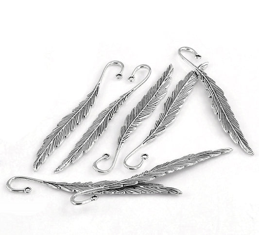 5 pcs. Antique Silver Feather Bookmark Hooks - Leaf - 117mm (4.6 in)