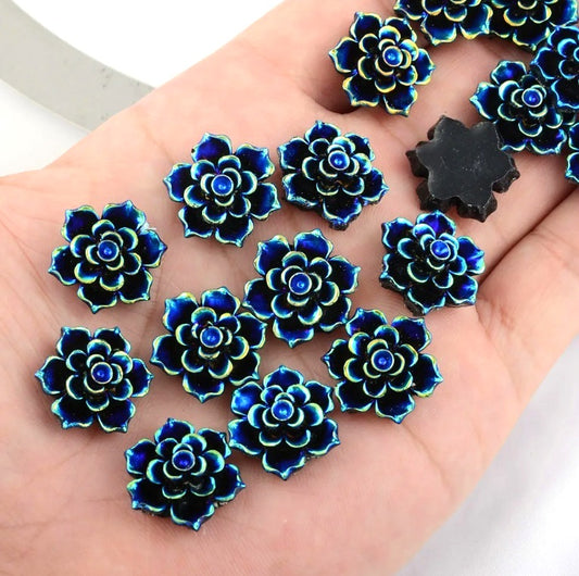 C004 - 10 pcs (5 Pairs) Resin Cabochons - 20mm (0.79 inch) - Flower Design - Blue Multicolor