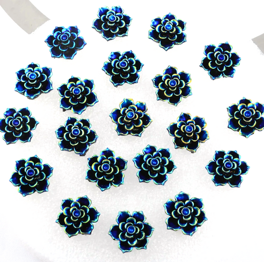 C004 - 10 pcs (5 Pairs) Resin Cabochons - 20mm (0.79 inch) - Flower Design - Blue Multicolor