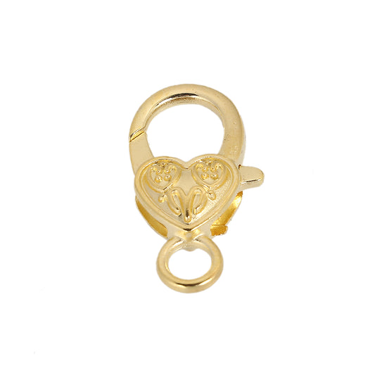 CL137 - 10 pcs. Gold Plated Heart Lobster Clasps - 27mm x 14mm - Claw Clasps - Carved