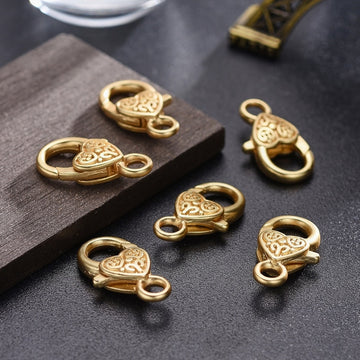 CL175 - 10 pcs. Real 18K Gold Plated Heart Lobster Clasps - 26mm x 14mm - Claw Clasps - Carved