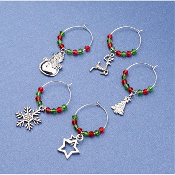 5 pcs. Silver Plated Wine Charm Rings - Christmas - Set