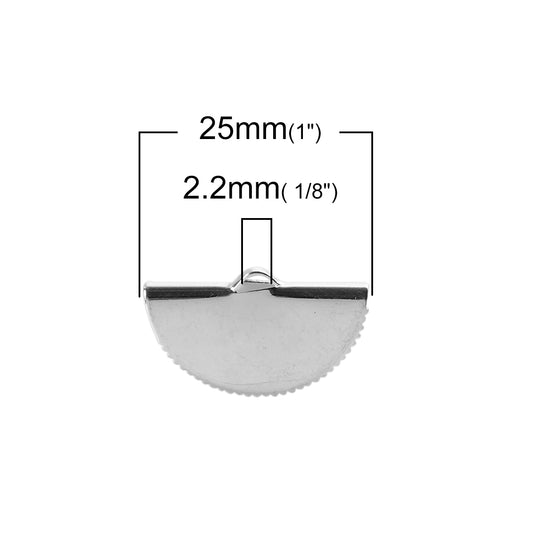 CR027 - 10 pcs. Silver Plated Half Round Ribbon Crimp End Caps - 25mm x 14mm - Great to make tassels and dangles! With teeth