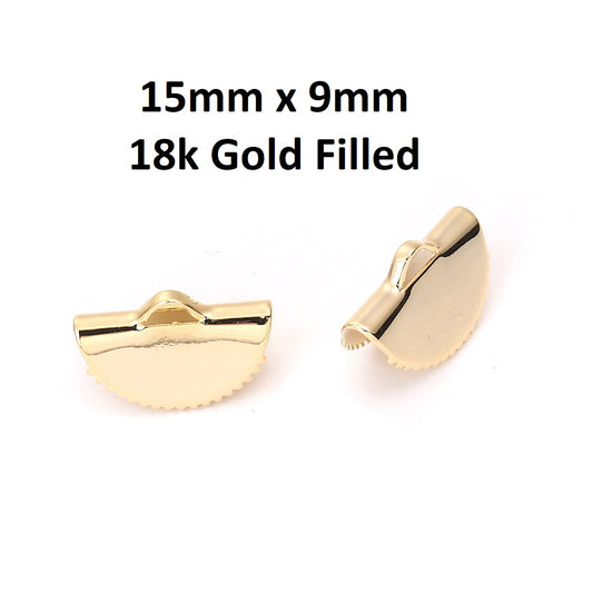 CR048 - 10 pcs. 18k Gold Filled Half Round Ribbon Crimp End Caps - 15mm x 9mm - Great to make tassels and dangles! With teeth