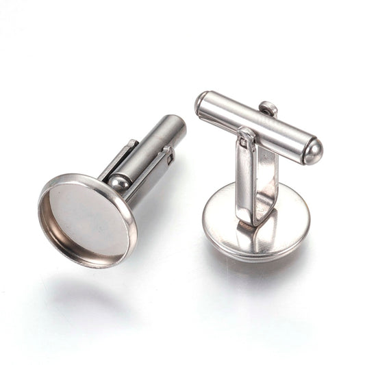 CU007 - Lot of 10 Silver Tone Cuff Links (5 pairs) - 12mm Glue Pad Bezel Setting - 304 Stainless Steel - Tarnish Resistant! Very High Quality!