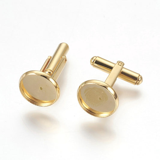 CU008 - Lot of 10 Gold Plated Cuff Links (5 pairs) - 12mm Glue Pad Bezel Setting - 304 Stainless Steel - Tarnish Resistant! Very High Quality!
